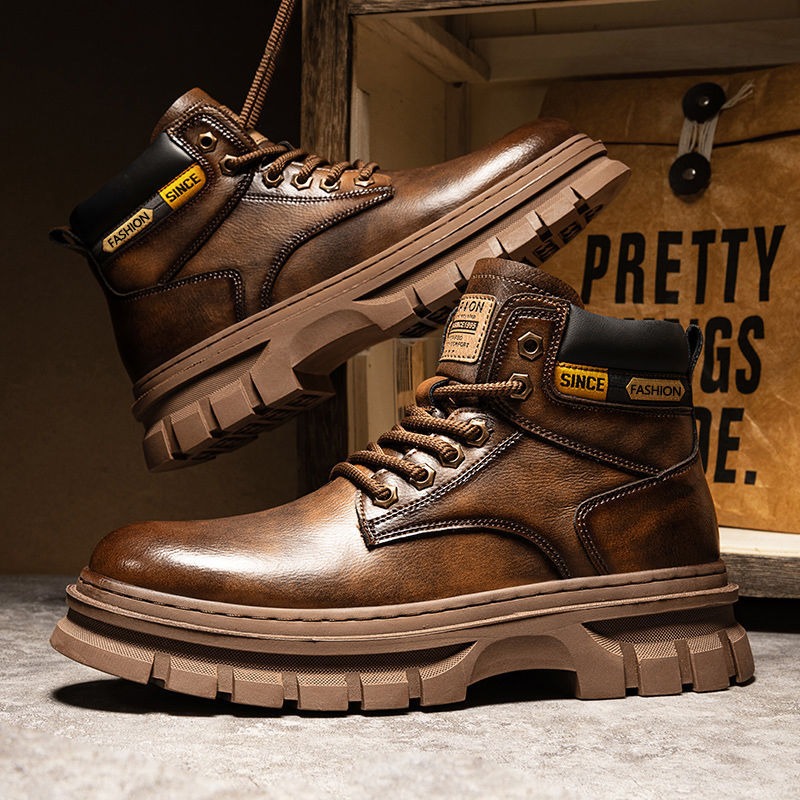 Vintage Men Platform Ankle Boo - Leather Work Boots บทวิจารณ์และราคา