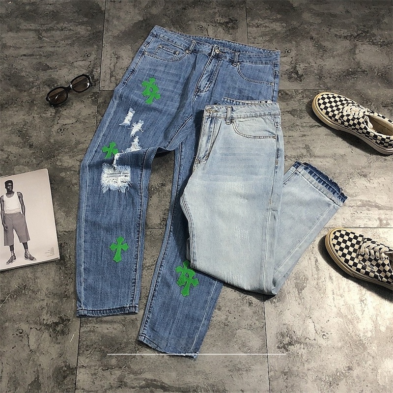 Street Sle Ripped Denim Jeans  - Leather Work Jeans บทวิจารณ์และราคา