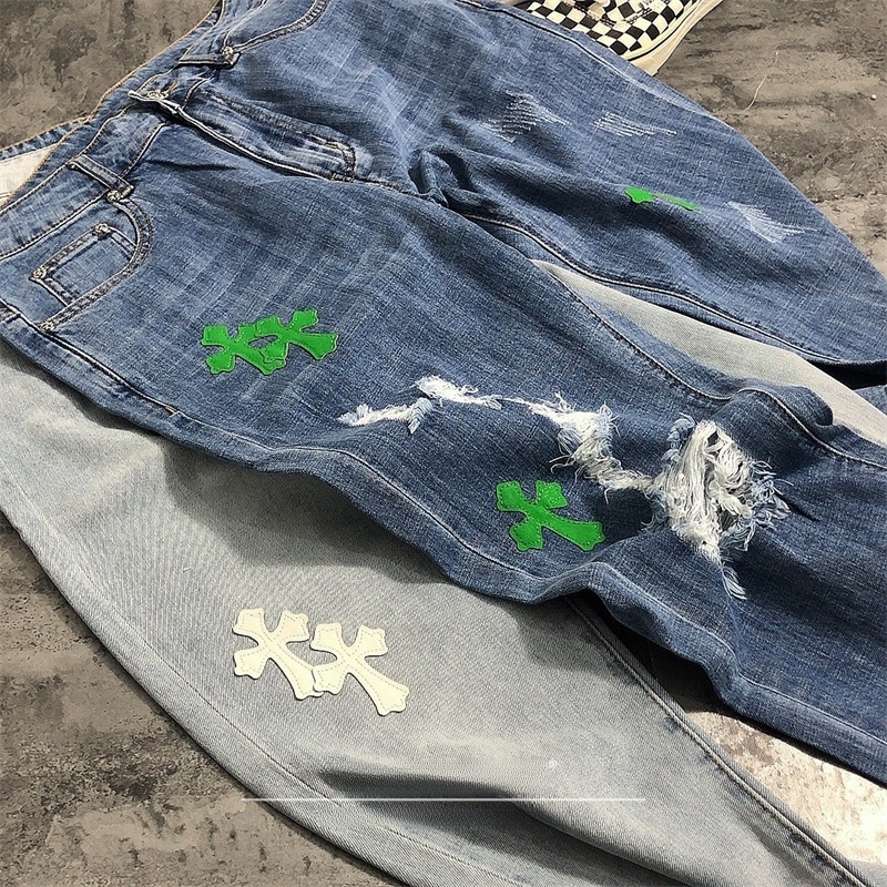 Street Sle Ripped Denim Jeans  - Leather Work Jeans บทวิจารณ์และราคา