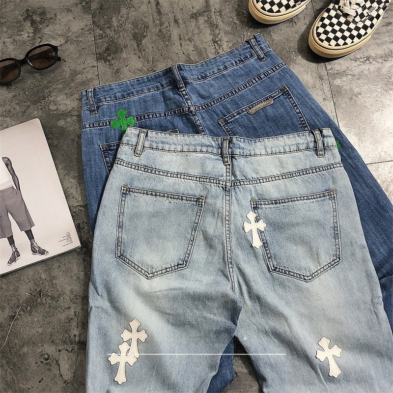 Street Sle Ripped Denim Jeans  - Leather Work Jeans บทวิจารณ์และราคา