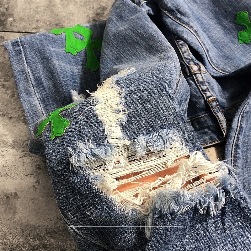 Street Sle Ripped Denim Jeans  - Leather Work Jeans บทวิจารณ์และราคา