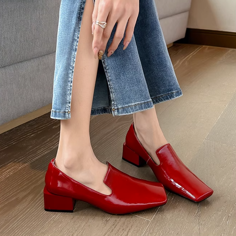 Womens Red Shoes Spring Block  - Leatherwork In French บทวิจารณ์และราคา